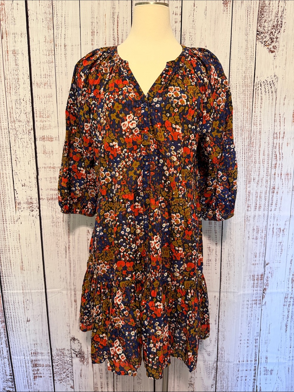 Apiece Apart Navy Multi Floral Tiered Mini Dress
